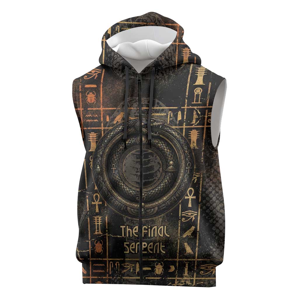 Atum Ancient Egyptian Sleeveless Zip Hoodie with Dark Hieroglyph Grid, Ouroboros Serpent Ring and The Final Serpent - African Pride