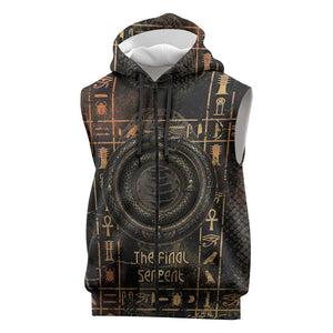 Atum Ancient Egyptian Sleeveless Zip Hoodie with Dark Hieroglyph Grid, Ouroboros Serpent Ring and The Final Serpent - African Pride