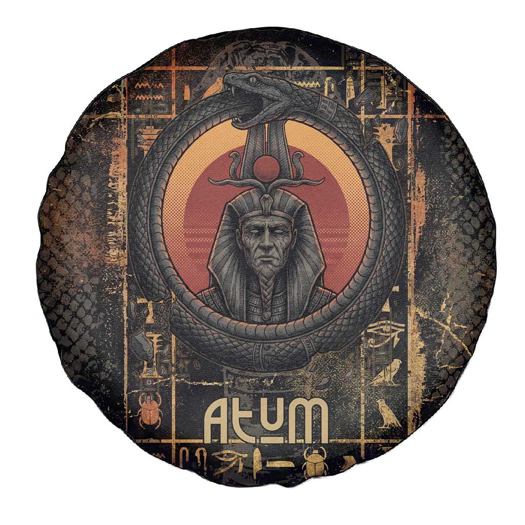 Atum Ancient Egyptian Spare Tire Cover with Dark Hieroglyph Grid, Ouroboros Serpent Ring and The Final Serpent - African Pride