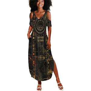 Atum Ancient Egyptian Summer Maxi Dress with Dark Hieroglyph Grid, Ouroboros Serpent Ring and The Final Serpent - African Pride