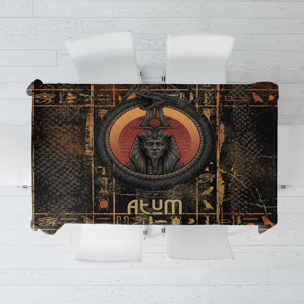 Atum Ancient Egyptian Tablecloth with Dark Hieroglyph Grid, Ouroboros Serpent Ring and The Final Serpent - African Pride