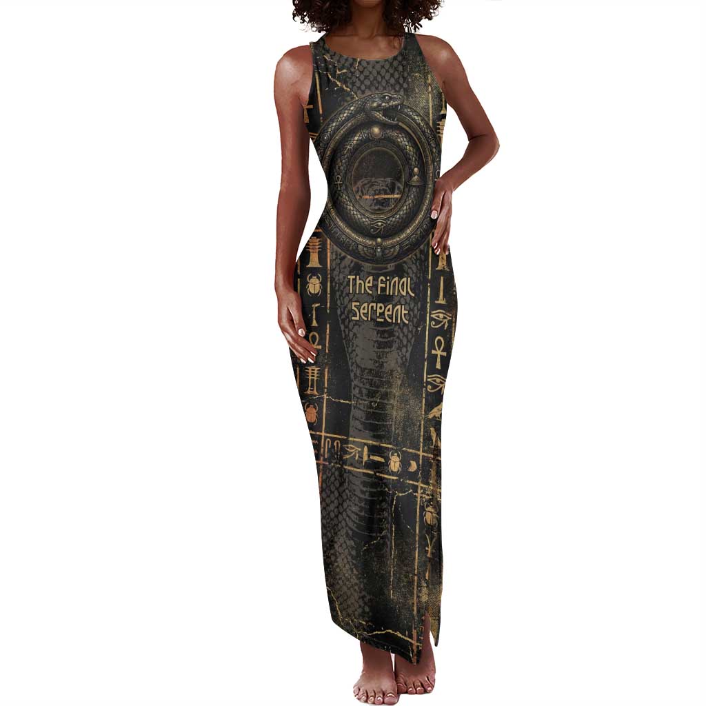 Atum Ancient Egyptian Tank Maxi Dress with Dark Hieroglyph Grid, Ouroboros Serpent Ring and The Final Serpent - African Pride