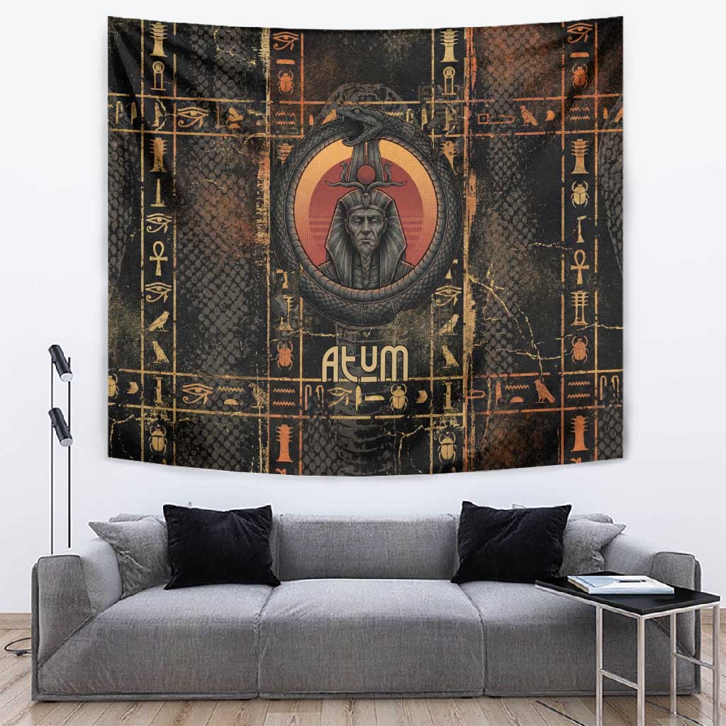 Atum Ancient Egyptian Tapestry with Dark Hieroglyph Grid, Ouroboros Serpent Ring and The Final Serpent - African Pride