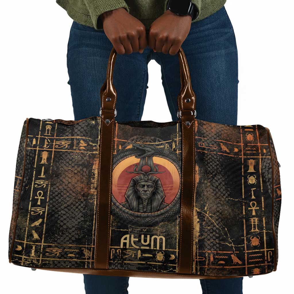 Atum Ancient Egyptian Travel Bag with Dark Hieroglyph Grid, Ouroboros Serpent Ring and The Final Serpent - African Pride