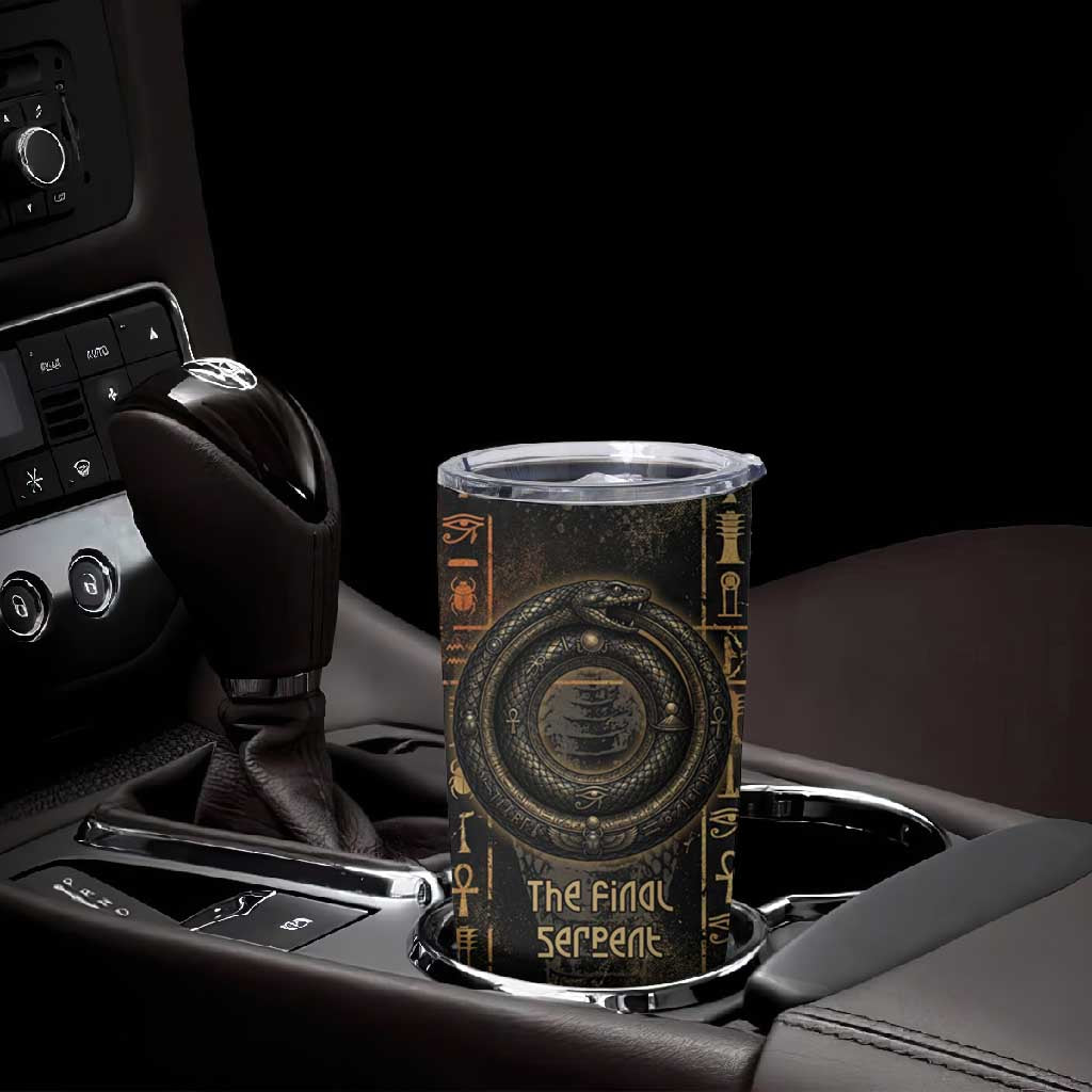 Atum Ancient Egyptian Tumbler Cup with Dark Hieroglyph Grid, Ouroboros Serpent Ring and The Final Serpent - African Pride