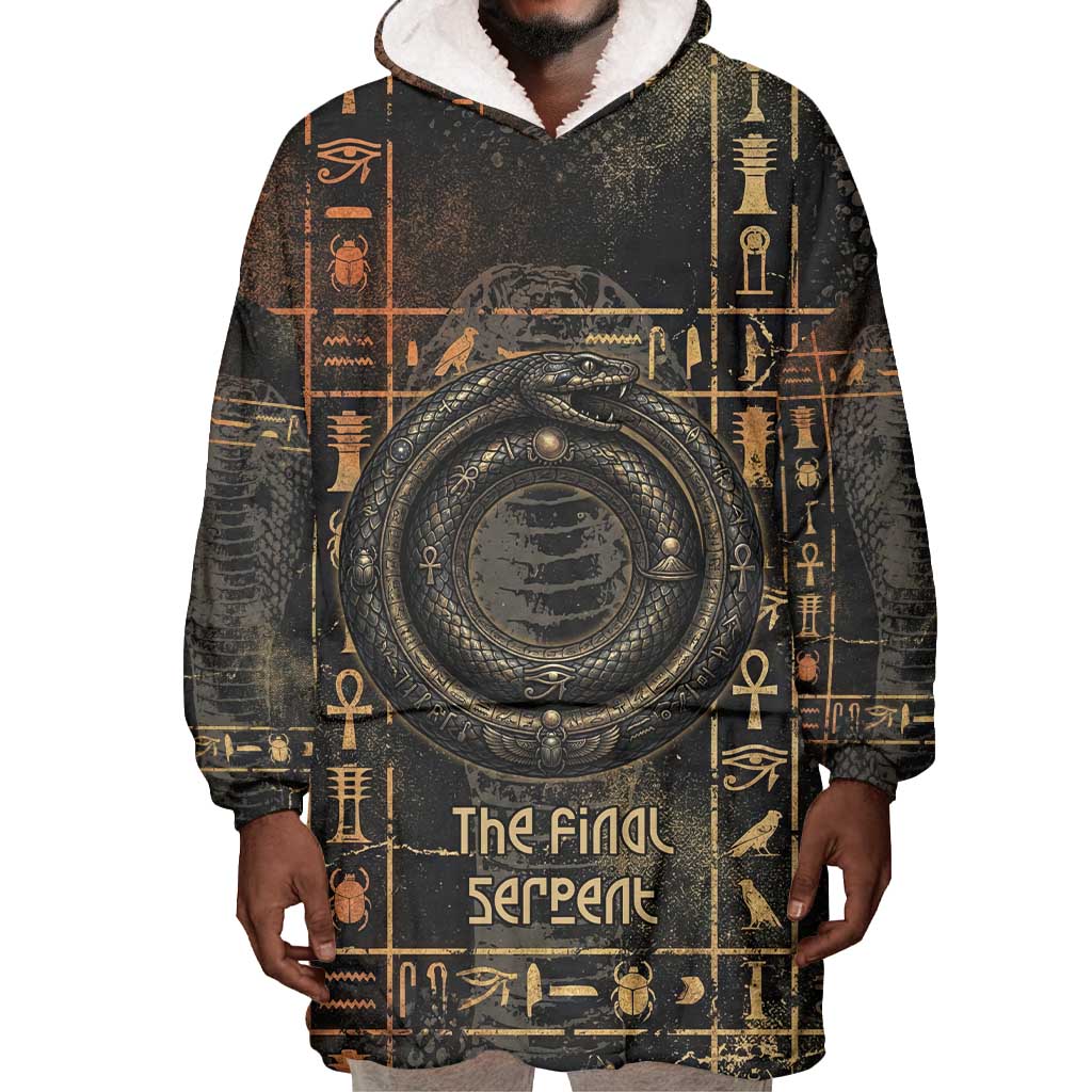 Atum Ancient Egyptian Wearable Blanket Hoodie with Dark Hieroglyph Grid, Ouroboros Serpent Ring and The Final Serpent - African Pride