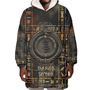 Atum Ancient Egyptian Wearable Blanket Hoodie with Dark Hieroglyph Grid, Ouroboros Serpent Ring and The Final Serpent - African Pride