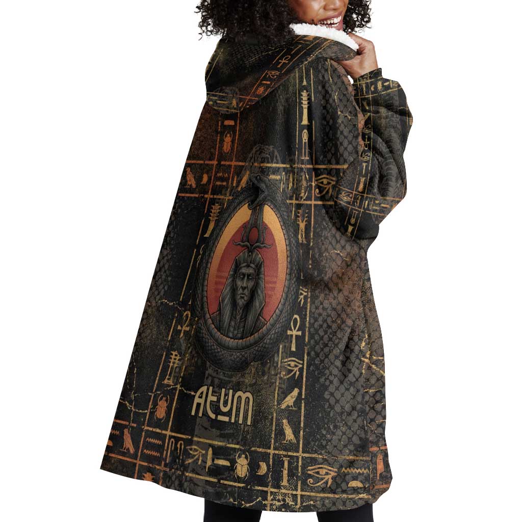Atum Ancient Egyptian Wearable Blanket Hoodie with Dark Hieroglyph Grid, Ouroboros Serpent Ring and The Final Serpent - African Pride