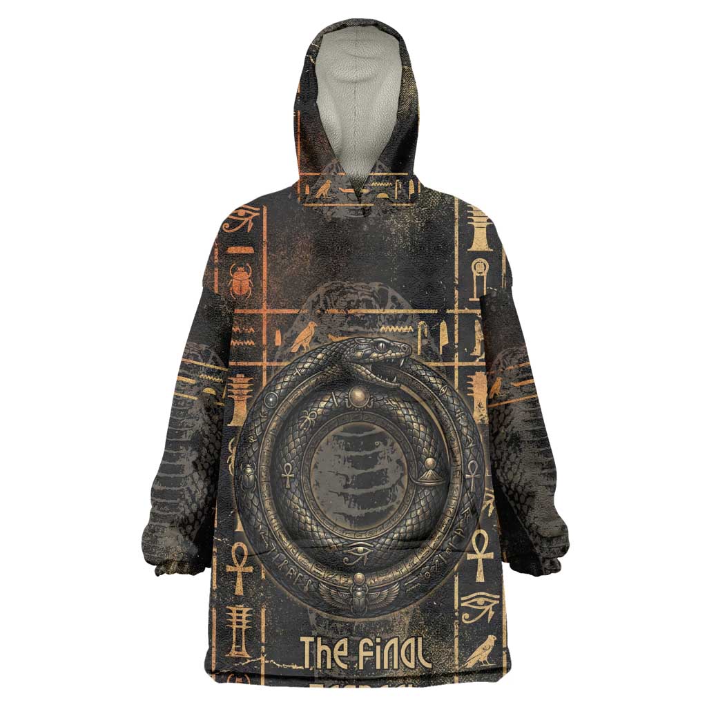 Atum Ancient Egyptian Wearable Blanket Hoodie with Dark Hieroglyph Grid, Ouroboros Serpent Ring and The Final Serpent - African Pride