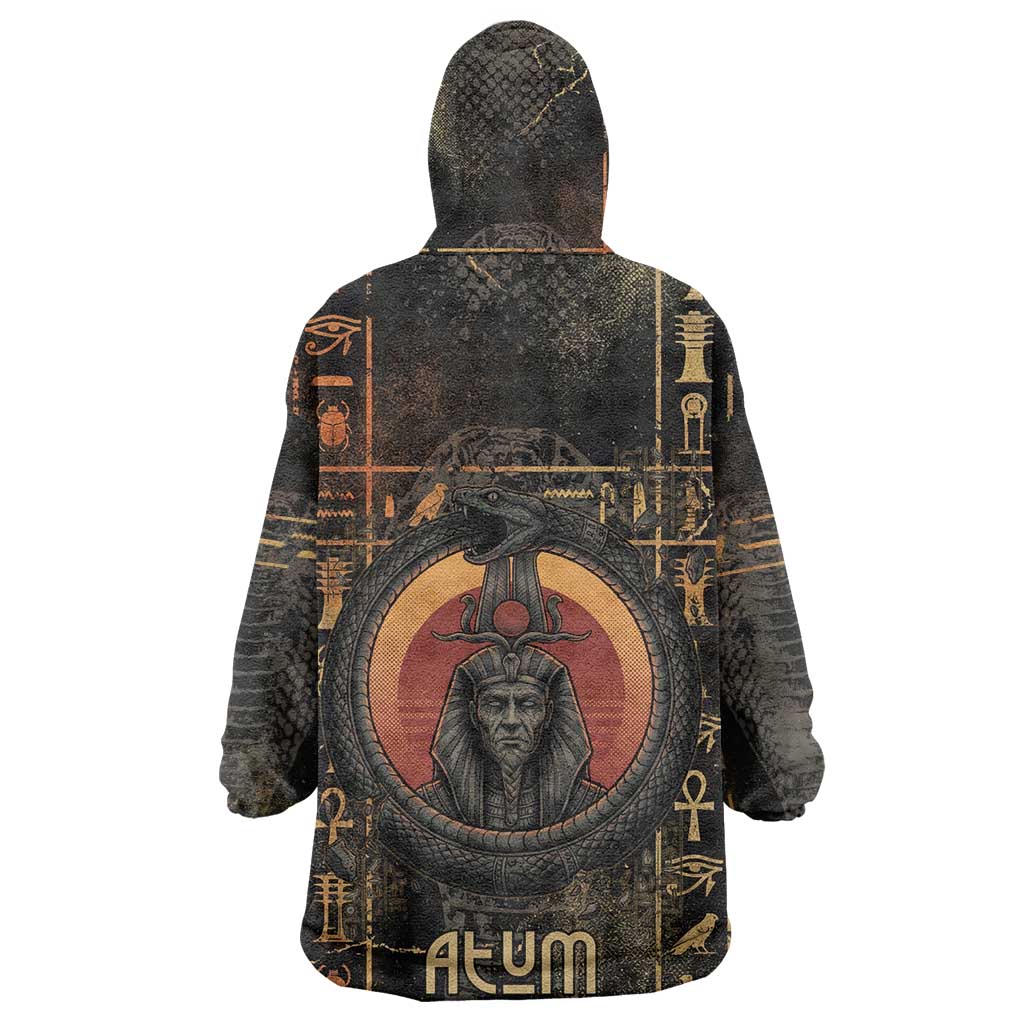 Atum Ancient Egyptian Wearable Blanket Hoodie with Dark Hieroglyph Grid, Ouroboros Serpent Ring and The Final Serpent - African Pride