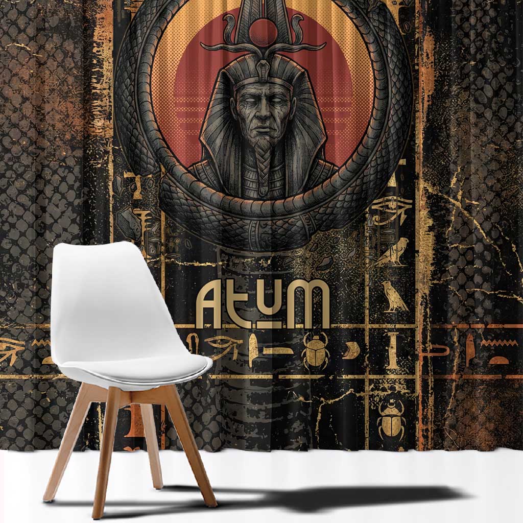 Atum Ancient Egyptian Window Curtain with Dark Hieroglyph Grid, Ouroboros Serpent Ring and The Final Serpent - African Pride