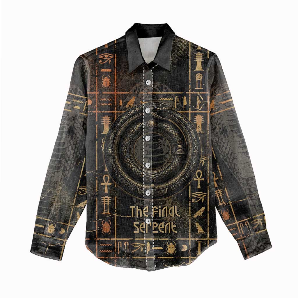 Atum Ancient Egyptian Women Casual Shirt with Dark Hieroglyph Grid, Ouroboros Serpent Ring and The Final Serpent - African Pride