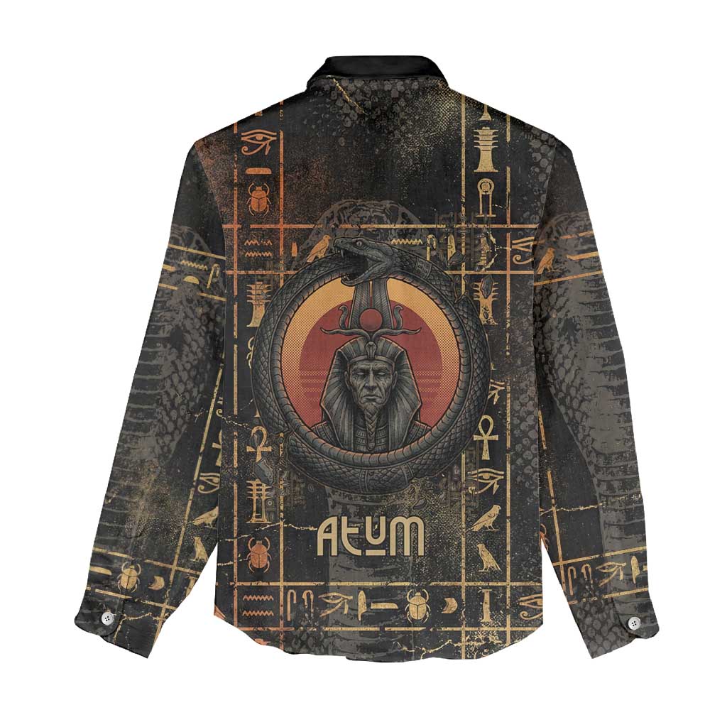 Atum Ancient Egyptian Women Casual Shirt with Dark Hieroglyph Grid, Ouroboros Serpent Ring and The Final Serpent - African Pride