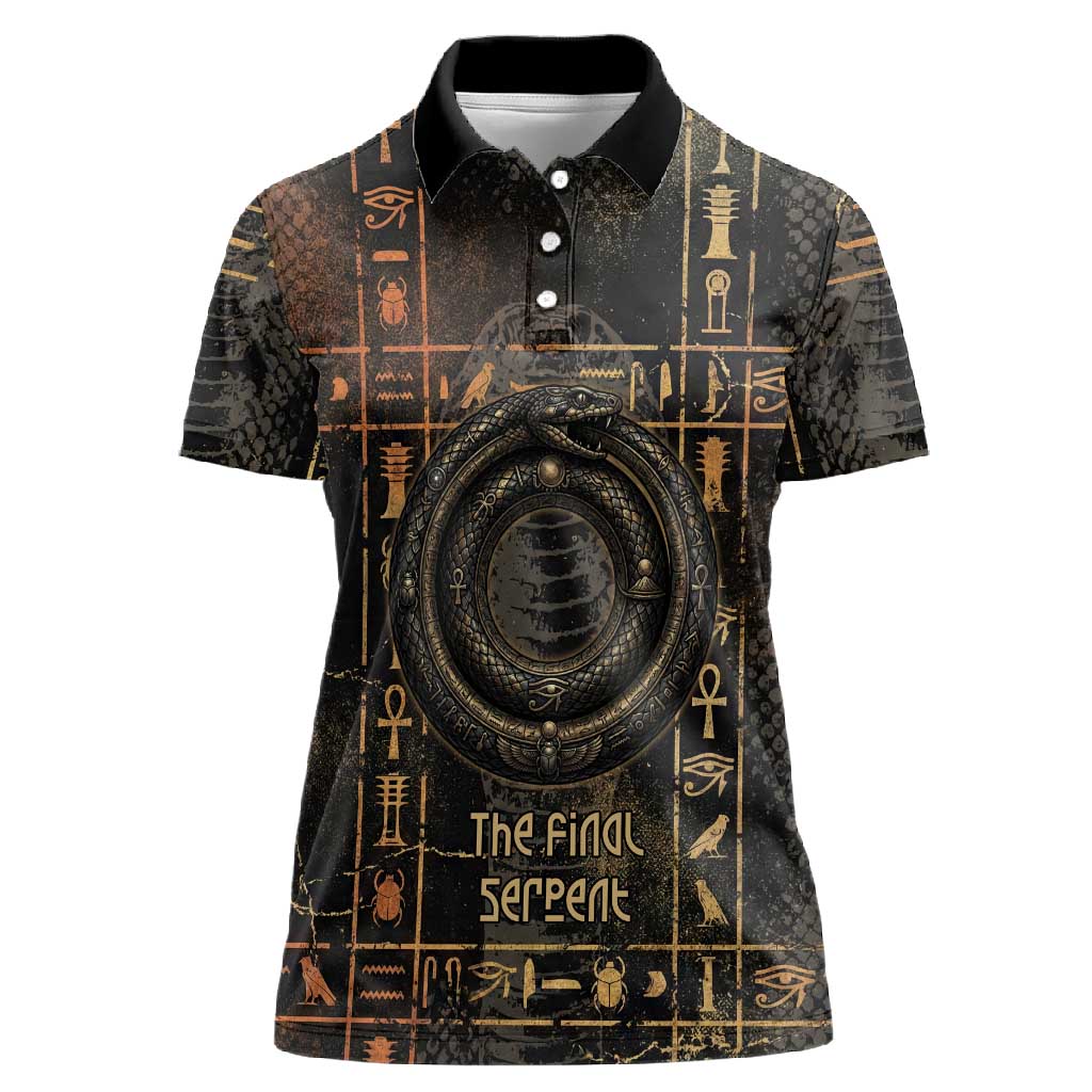 Atum Ancient Egyptian Women Polo Shirt with Dark Hieroglyph Grid, Ouroboros Serpent Ring and The Final Serpent - African Pride