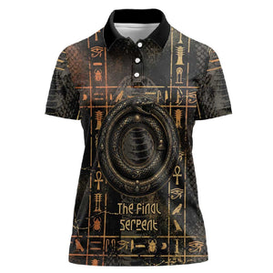 Atum Ancient Egyptian Women Polo Shirt with Dark Hieroglyph Grid, Ouroboros Serpent Ring and The Final Serpent - African Pride