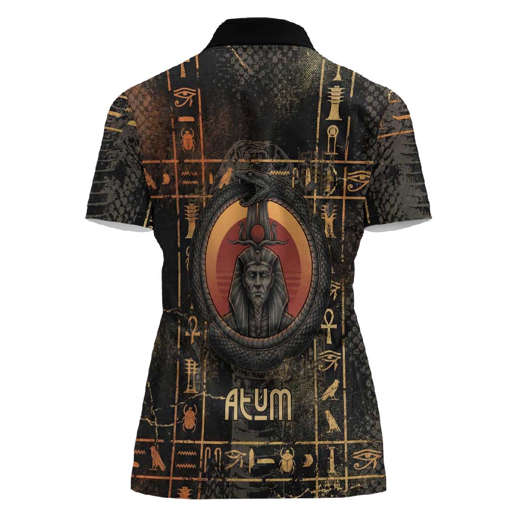 Atum Ancient Egyptian Women Polo Shirt with Dark Hieroglyph Grid, Ouroboros Serpent Ring and The Final Serpent - African Pride