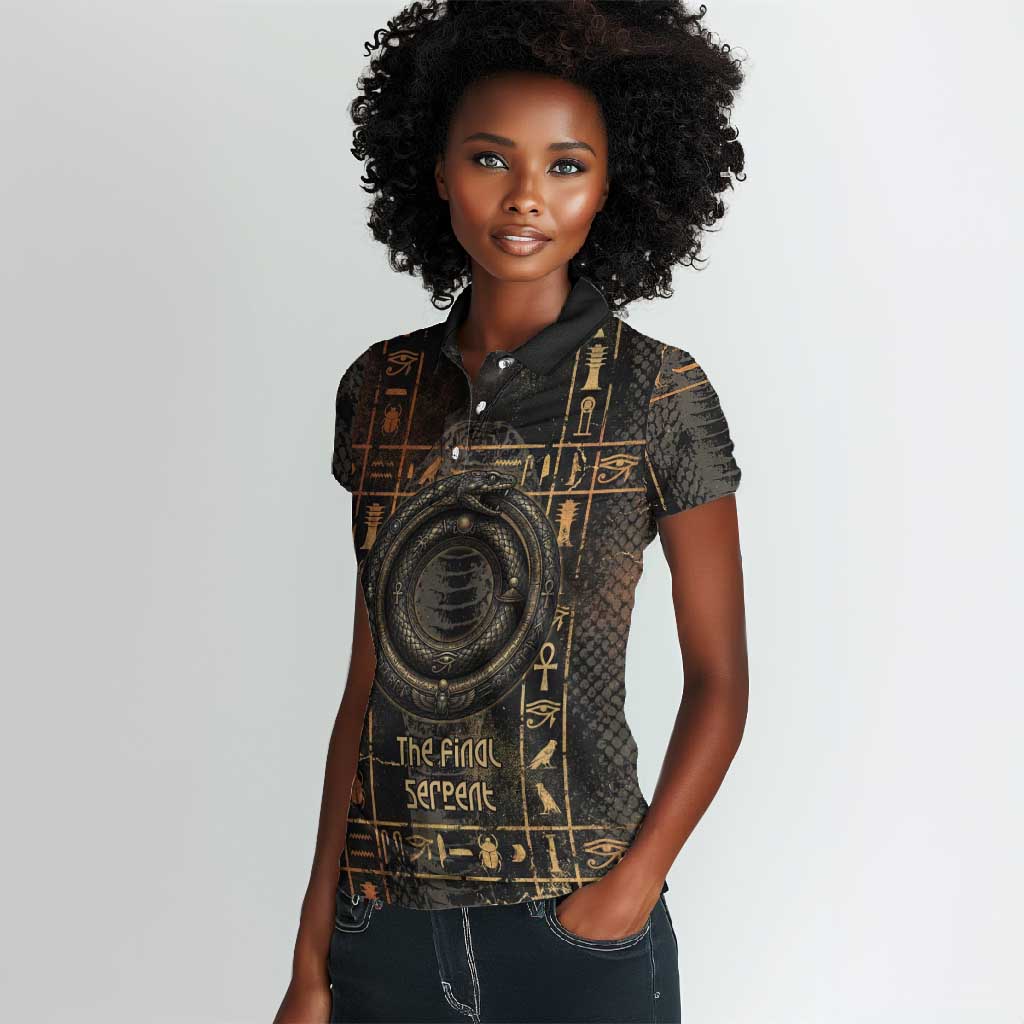Atum Ancient Egyptian Women Polo Shirt with Dark Hieroglyph Grid, Ouroboros Serpent Ring and The Final Serpent - African Pride