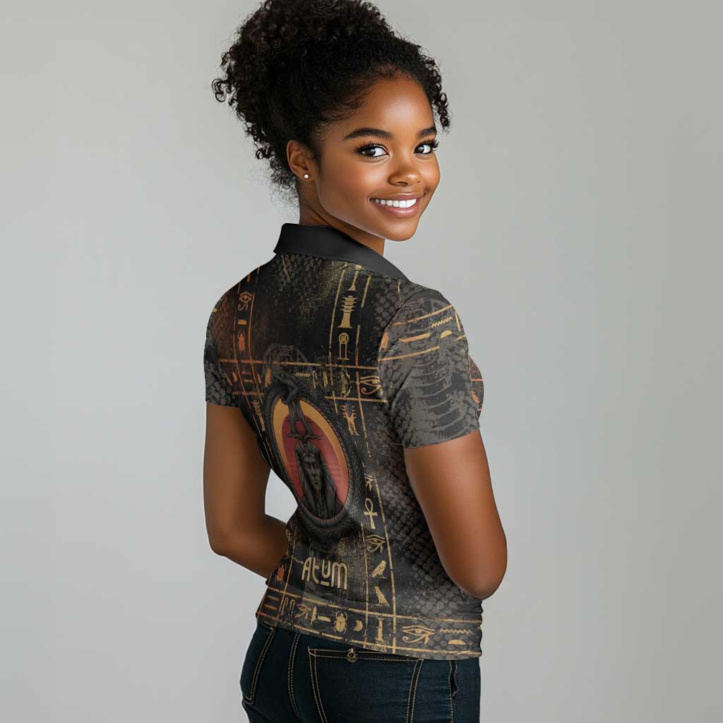 Atum Ancient Egyptian Women Polo Shirt with Dark Hieroglyph Grid, Ouroboros Serpent Ring and The Final Serpent - African Pride