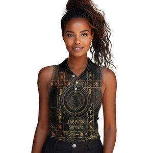 Atum Ancient Egyptian Women Sleeveless Polo Shirt with Dark Hieroglyph Grid, Ouroboros Serpent Ring and The Final Serpent - African Pride