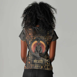 Atum Ancient Egyptian Women V-Neck T-Shirt with Dark Hieroglyph Grid, Ouroboros Serpent Ring and The Final Serpent - African Pride