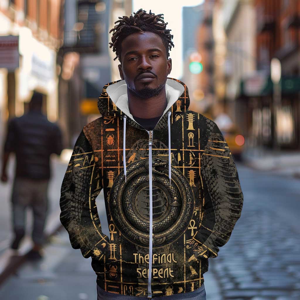 Atum Ancient Egyptian Zip Hoodie with Dark Hieroglyph Grid, Ouroboros Serpent Ring and The Final Serpent - African Pride