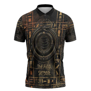 Atum Ancient Egyptian Zipper Polo Shirt with Dark Hieroglyph Grid, Ouroboros Serpent Ring and The Final Serpent - African Pride