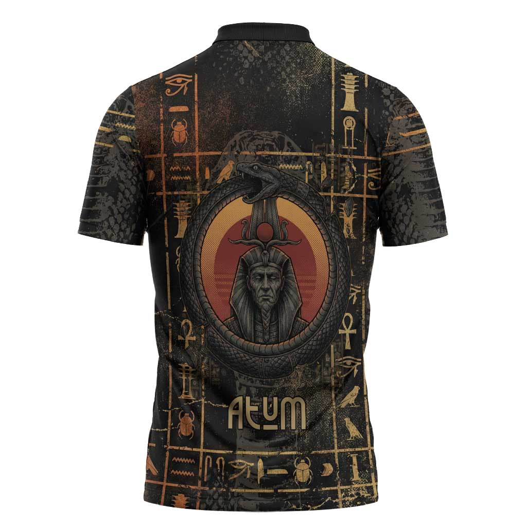 Atum Ancient Egyptian Zipper Polo Shirt with Dark Hieroglyph Grid, Ouroboros Serpent Ring and The Final Serpent - African Pride