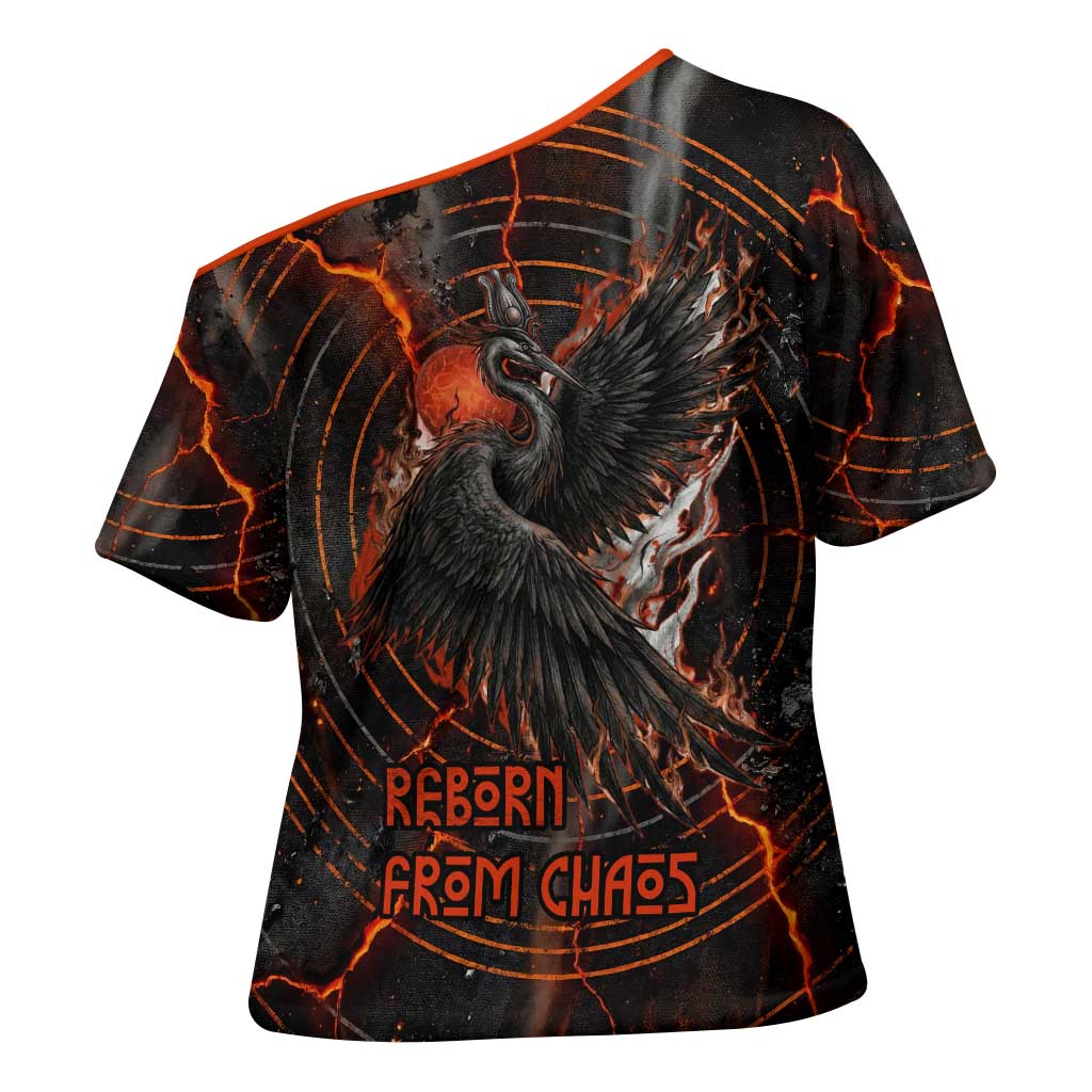Bennu Cross Shoulder Shirt Ancient Egyptian Lava Crack Texture, Phoenix Firebird and Reborn from Chaos - African Pride