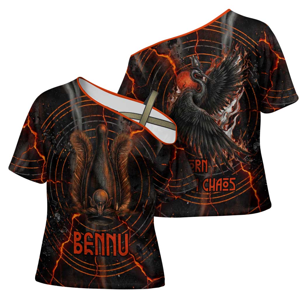 Bennu Cross Shoulder Shirt Ancient Egyptian Lava Crack Texture, Phoenix Firebird and Reborn from Chaos - African Pride