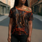 Bennu Cross Shoulder Shirt Ancient Egyptian Lava Crack Texture, Phoenix Firebird and Reborn from Chaos - African Pride