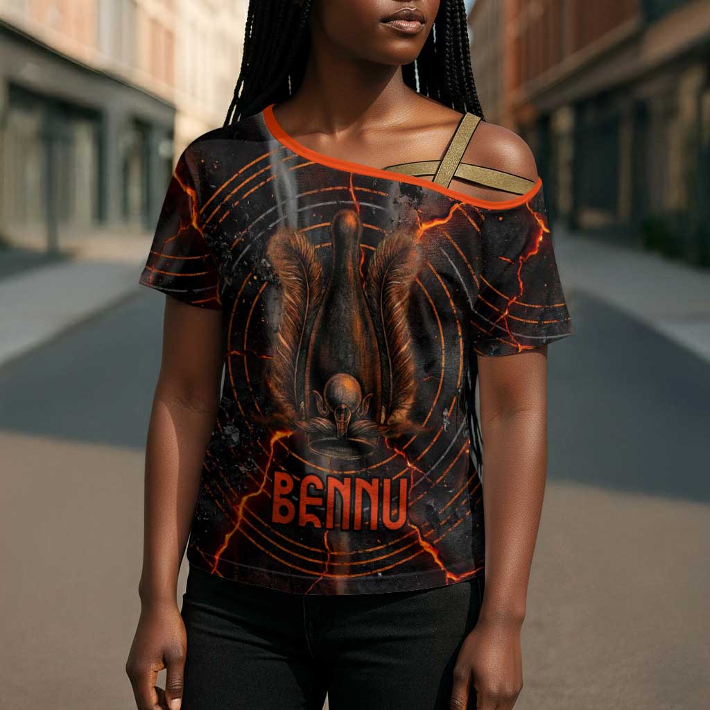 Bennu Cross Shoulder Shirt Ancient Egyptian Lava Crack Texture, Phoenix Firebird and Reborn from Chaos - African Pride