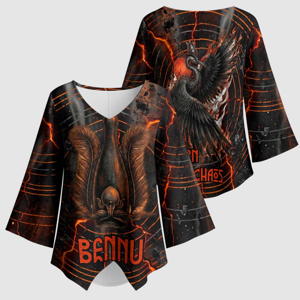 Bennu Kimono Sleeve Blouse Ancient Egyptian Lava Crack Texture, Phoenix Firebird and Reborn from Chaos - African Pride
