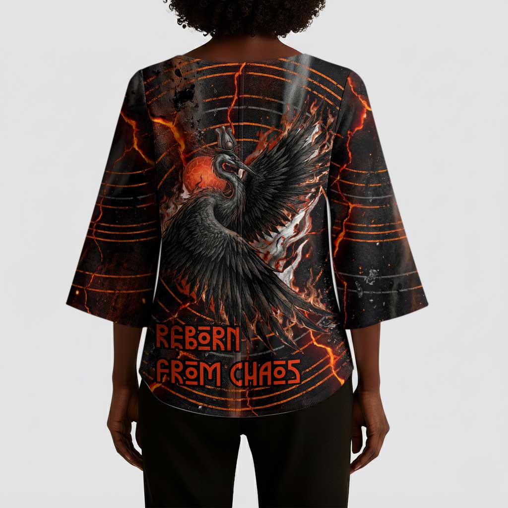 Bennu Kimono Sleeve Blouse Ancient Egyptian Lava Crack Texture, Phoenix Firebird and Reborn from Chaos - African Pride