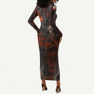 Bennu Long Sleeve Bodycon Dress Ancient Egyptian Lava Crack Texture, Phoenix Firebird and Reborn from Chaos - African Pride