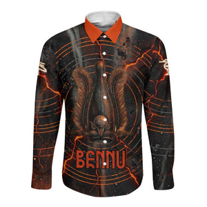Bennu Long Sleeve Button Shirt Ancient Egyptian Lava Crack Texture, Phoenix Firebird and Reborn from Chaos - African Pride