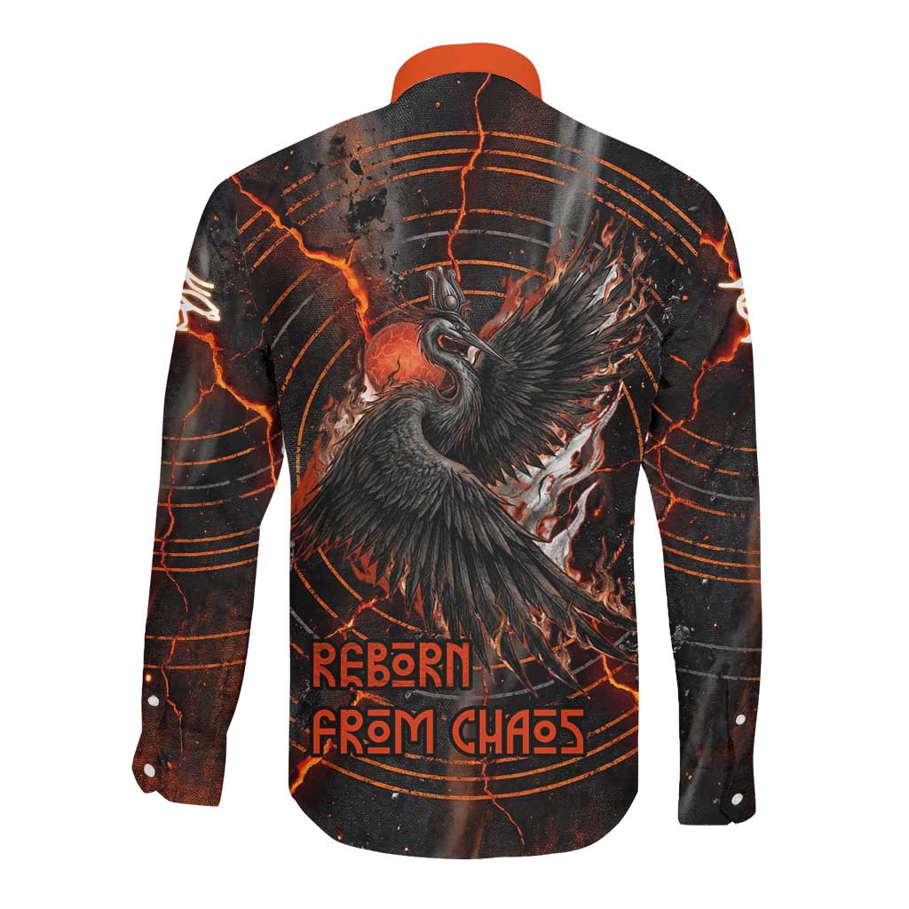 Bennu Long Sleeve Button Shirt Ancient Egyptian Lava Crack Texture, Phoenix Firebird and Reborn from Chaos - African Pride