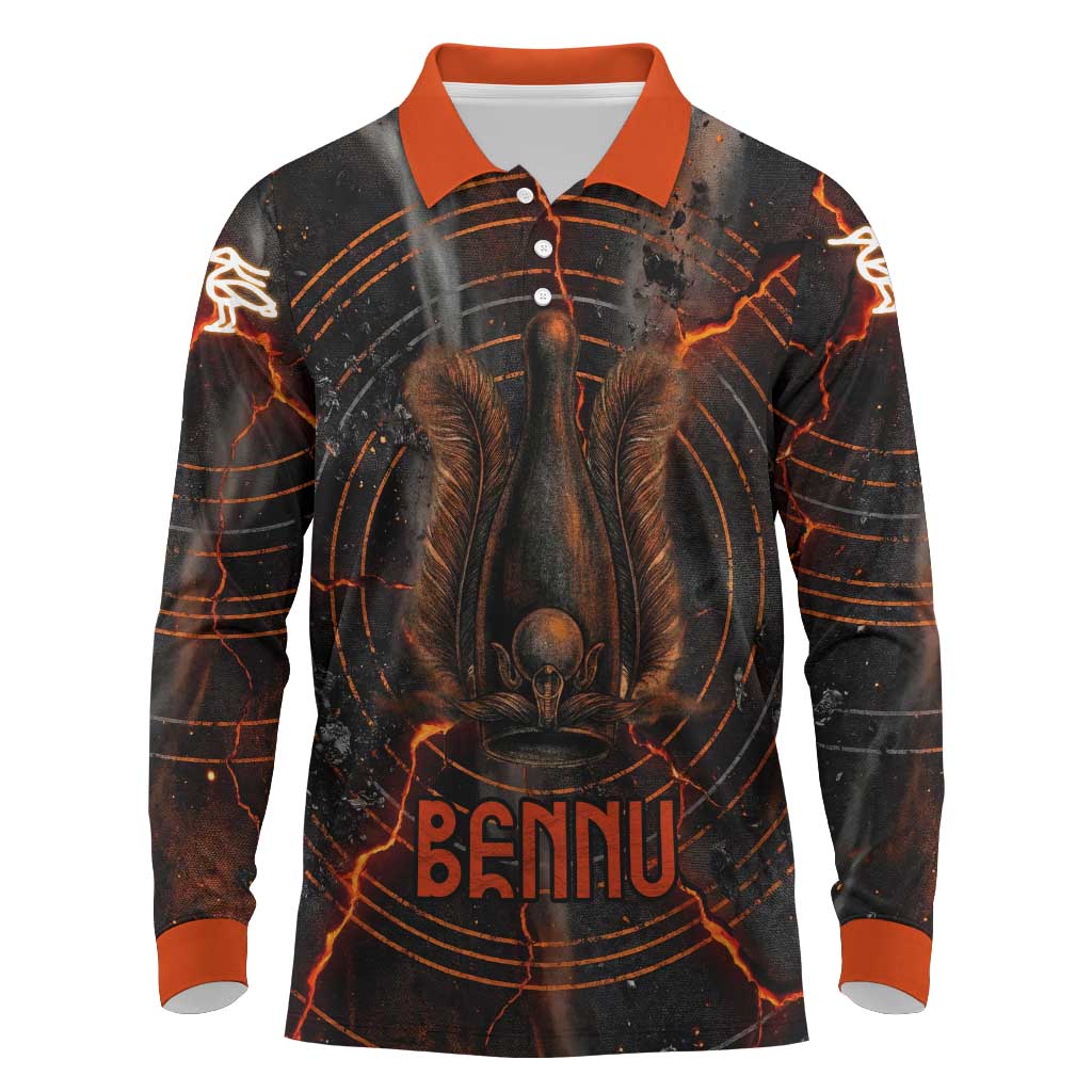 Bennu Long Sleeve Polo Shirt Ancient Egyptian Lava Crack Texture, Phoenix Firebird and Reborn from Chaos - African Pride