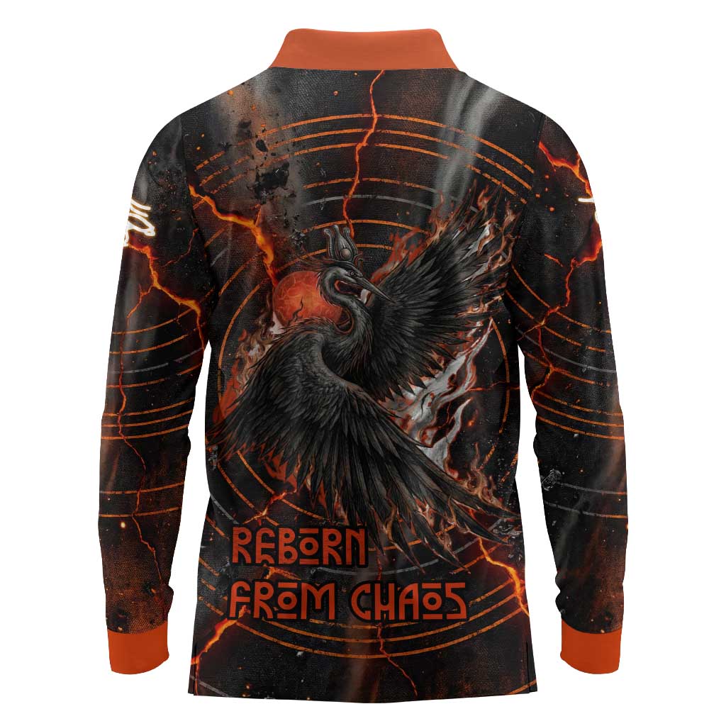 Bennu Long Sleeve Polo Shirt Ancient Egyptian Lava Crack Texture, Phoenix Firebird and Reborn from Chaos - African Pride