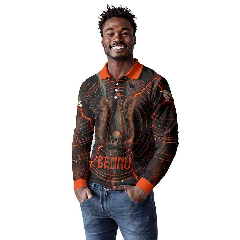 Bennu Long Sleeve Polo Shirt Ancient Egyptian Lava Crack Texture, Phoenix Firebird and Reborn from Chaos - African Pride