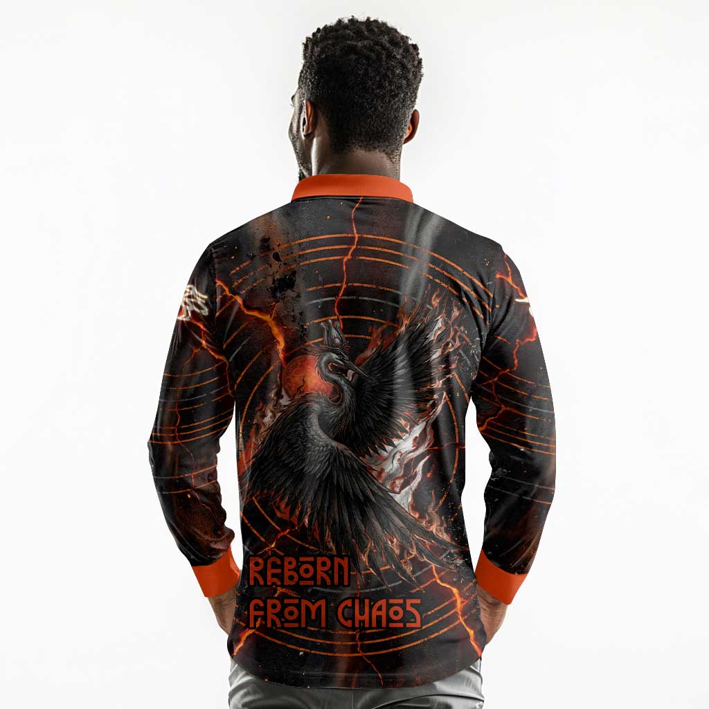 Bennu Long Sleeve Polo Shirt Ancient Egyptian Lava Crack Texture, Phoenix Firebird and Reborn from Chaos - African Pride