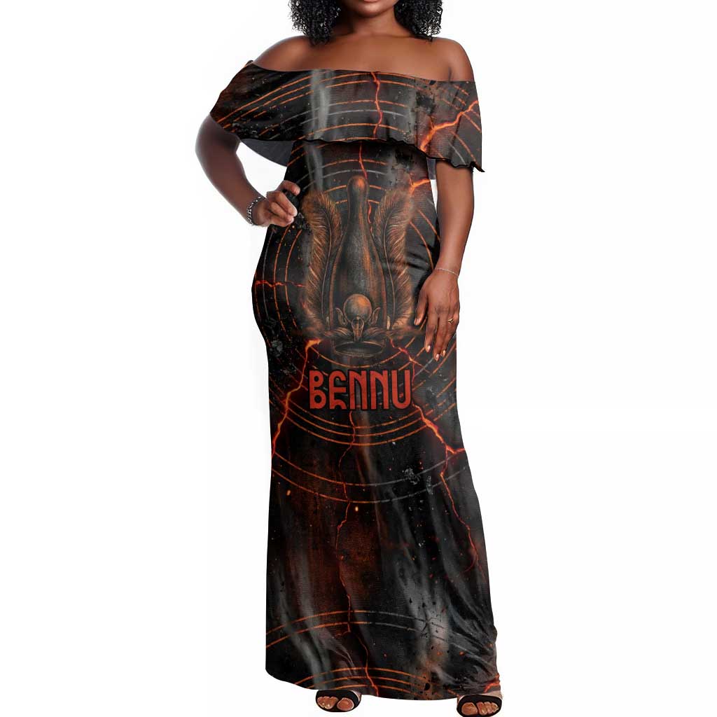 Bennu Off Shoulder Maxi Dress Ancient Egyptian Lava Crack Texture, Phoenix Firebird and Reborn from Chaos - African Pride