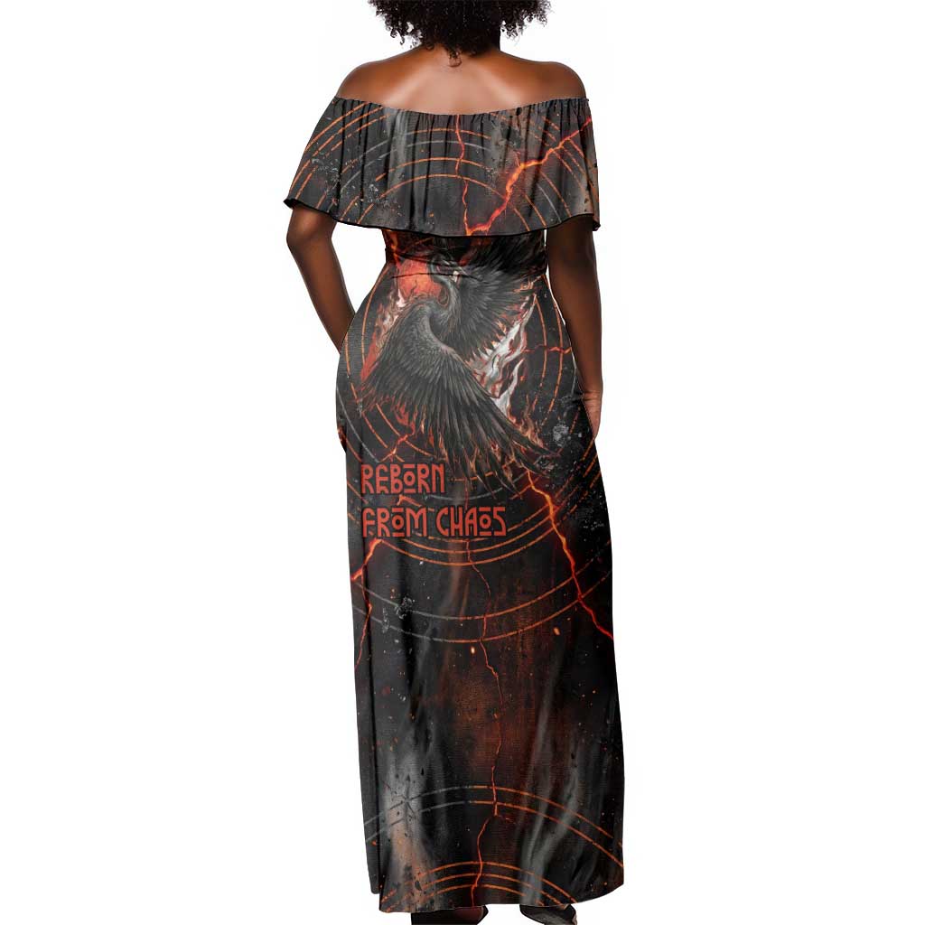 Bennu Off Shoulder Maxi Dress Ancient Egyptian Lava Crack Texture, Phoenix Firebird and Reborn from Chaos - African Pride