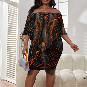 Bennu Off Shoulder Short Dress Ancient Egyptian Lava Crack Texture, Phoenix Firebird and Reborn from Chaos - African Pride