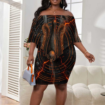 Bennu Off Shoulder Short Dress Ancient Egyptian Lava Crack Texture, Phoenix Firebird and Reborn from Chaos - African Pride