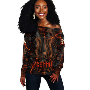 Bennu Off Shoulder Sweater Ancient Egyptian Lava Crack Texture, Phoenix Firebird and Reborn from Chaos - African Pride