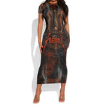 Bennu Short Sleeve Bodycon Dress Ancient Egyptian Lava Crack Texture, Phoenix Firebird and Reborn from Chaos - African Pride