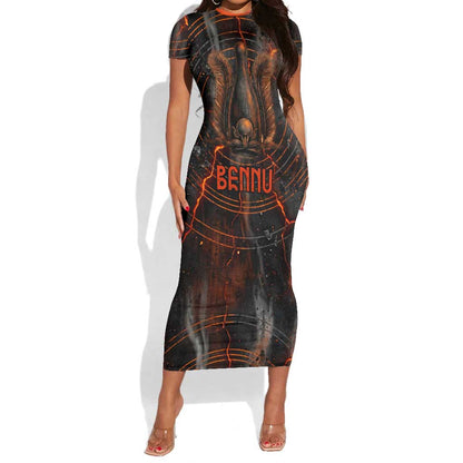 Bennu Short Sleeve Bodycon Dress Ancient Egyptian Lava Crack Texture, Phoenix Firebird and Reborn from Chaos - African Pride