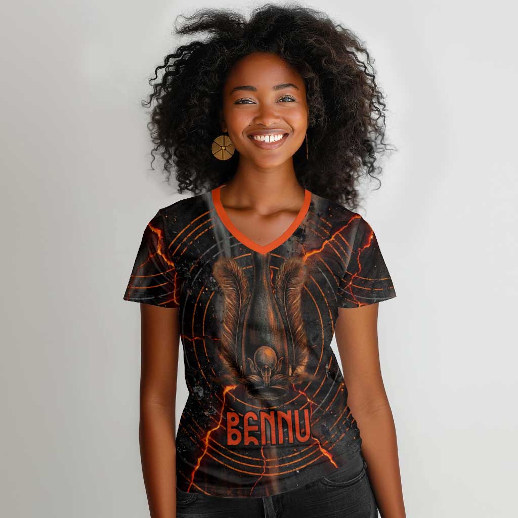 Bennu Women V-Neck T-Shirt Ancient Egyptian Lava Crack Texture, Phoenix Firebird and Reborn from Chaos - African Pride