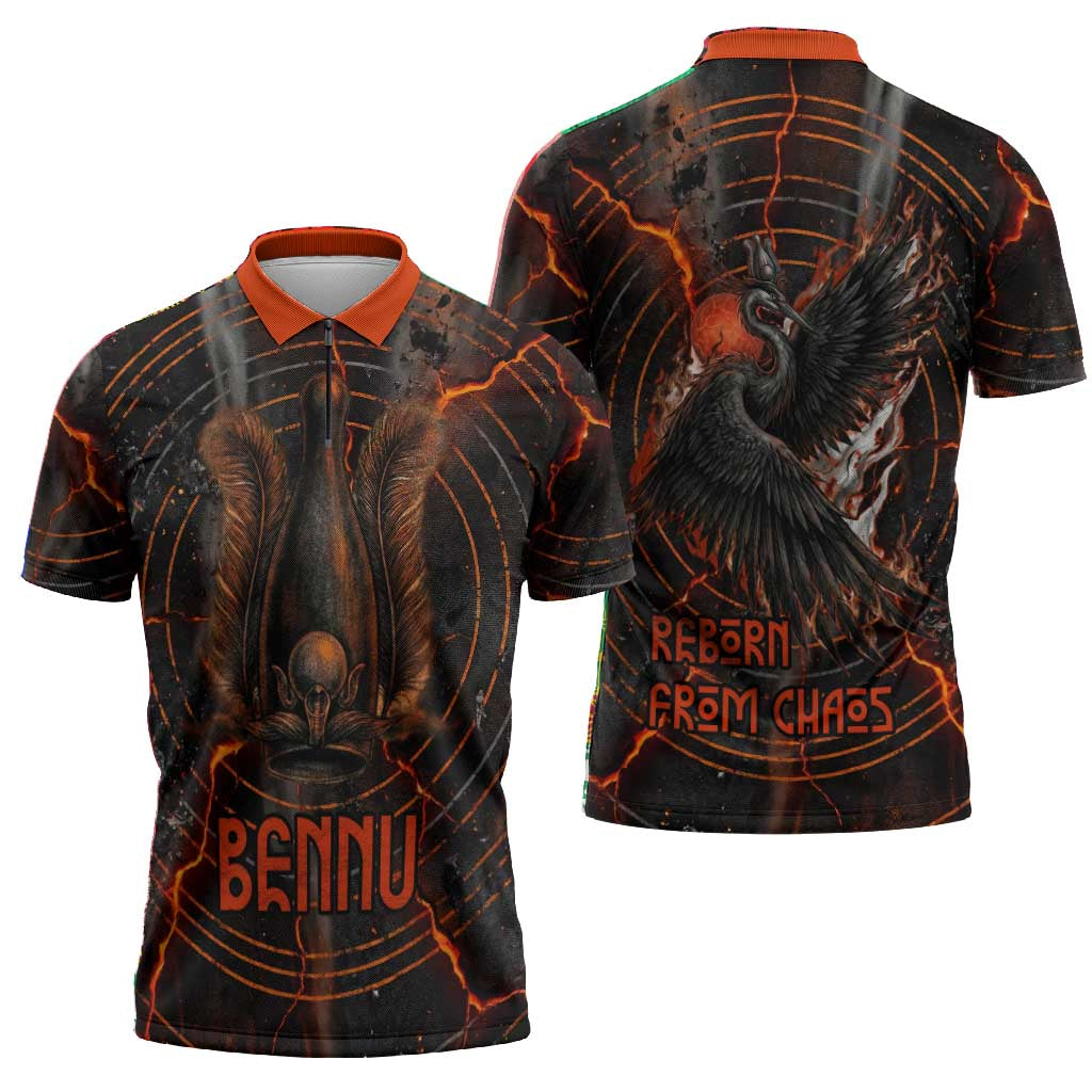 Bennu Zipper Polo Shirt Ancient Egyptian Lava Crack Texture, Phoenix Firebird and Reborn from Chaos - African Pride