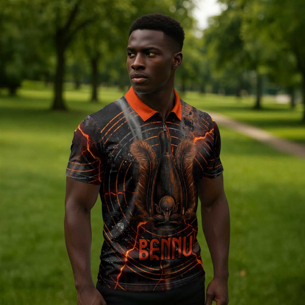 Bennu Zipper Polo Shirt Ancient Egyptian Lava Crack Texture, Phoenix Firebird and Reborn from Chaos - African Pride
